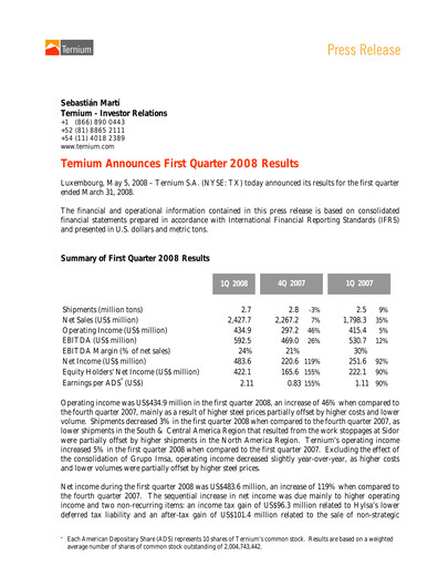 Thumbnail Ternium
 Quarterly Report 2008-q1