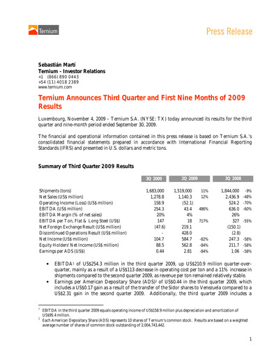 Thumbnail Ternium
 Quarterly Report 2009-q3