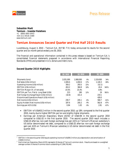 Thumbnail Ternium
 Quarterly Report 2010-q2