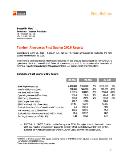 Thumbnail Ternium
 Quarterly Report 2016-q1