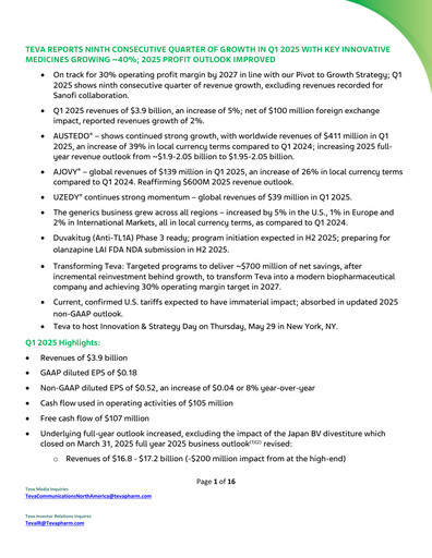 Thumbnail Teva Pharmaceutical Industries Quarterly Report 2025-q1