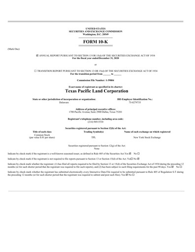 Miniature Texas Pacific Land Corporation
 Rapport annuel 2020