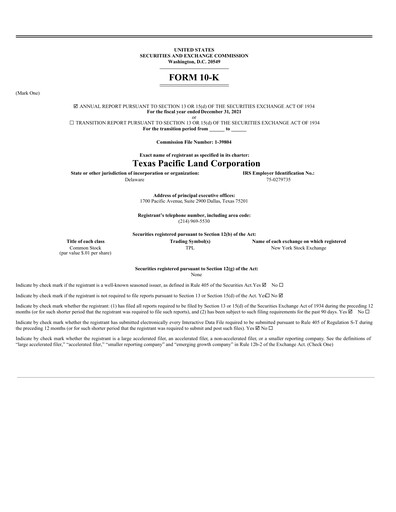 Miniature Texas Pacific Land Corporation
 Rapport annuel 2021