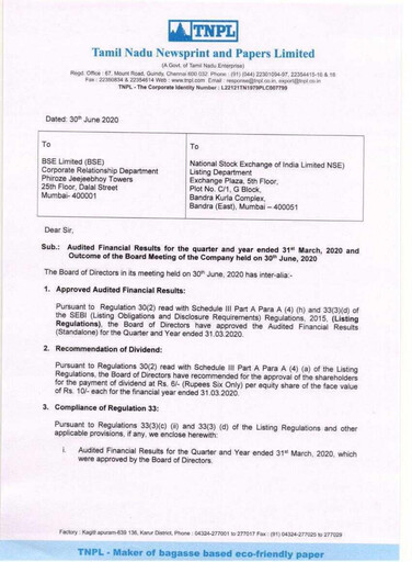 Thumbnail Tamil Nadu Newsprint and Papers Limited
 Financial Statement 2019-2020