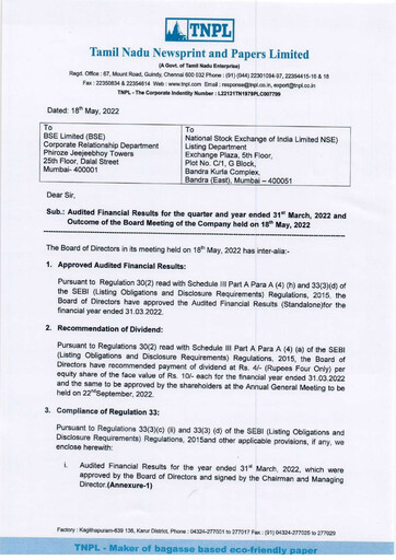 Thumbnail Tamil Nadu Newsprint and Papers Limited
 Financial Statement 2021-2022