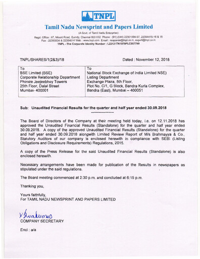 Thumbnail Tamil Nadu Newsprint and Papers Limited
 Quarterly Report 2018-q2