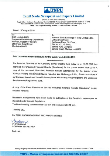 Thumbnail Tamil Nadu Newsprint and Papers Limited
 Quarterly Report 2019-q1