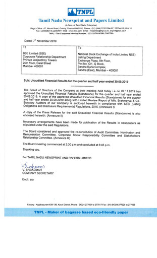 Thumbnail Tamil Nadu Newsprint and Papers Limited
 Quarterly Report 2019-q2