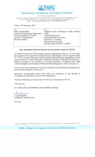 Thumbnail Tamil Nadu Newsprint and Papers Limited
 Quarterly Report 2019-q3