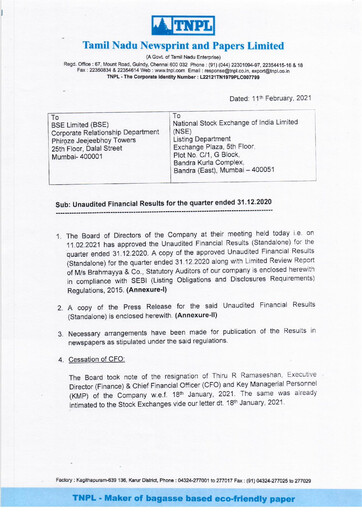 Thumbnail Tamil Nadu Newsprint and Papers Limited
 Quarterly Report 2020-q3