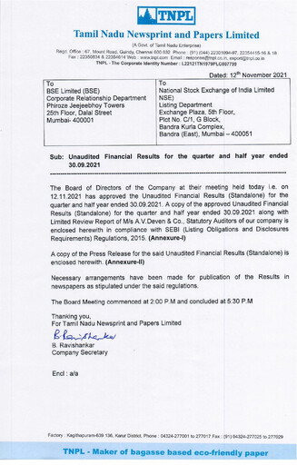 Thumbnail Tamil Nadu Newsprint and Papers Limited
 Quarterly Report 2021-q2