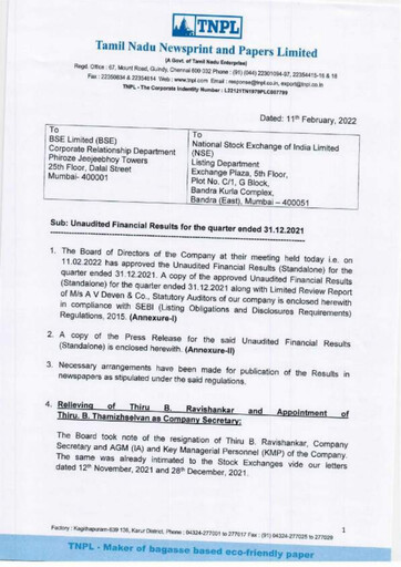 Thumbnail Tamil Nadu Newsprint and Papers Limited
 Quarterly Report 2021-q3