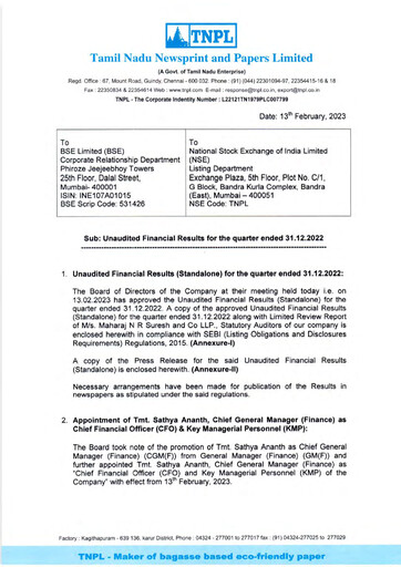 Thumbnail Tamil Nadu Newsprint and Papers Limited
 Quarterly Report 2022-q3