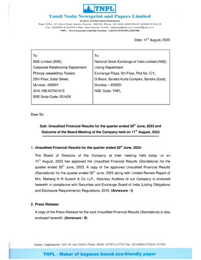 Thumbnail Tamil Nadu Newsprint and Papers Limited
 Quarterly Report 2023-q1