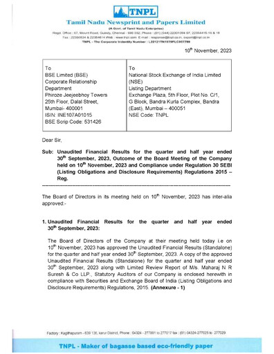 Thumbnail Tamil Nadu Newsprint and Papers Limited
 Quarterly Report 2023-q2