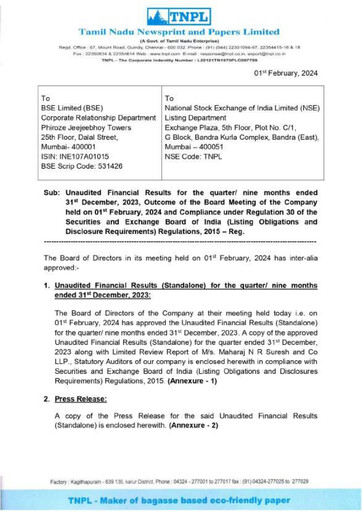 Thumbnail Tamil Nadu Newsprint and Papers Limited
 Quarterly Report 2023-q3