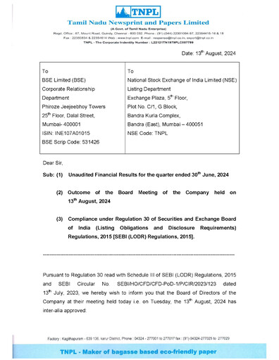Thumbnail Tamil Nadu Newsprint and Papers Limited
 Quarterly Report 2024-q1