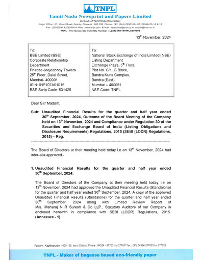 Thumbnail Tamil Nadu Newsprint and Papers Limited
 Quarterly Report 2024-q2