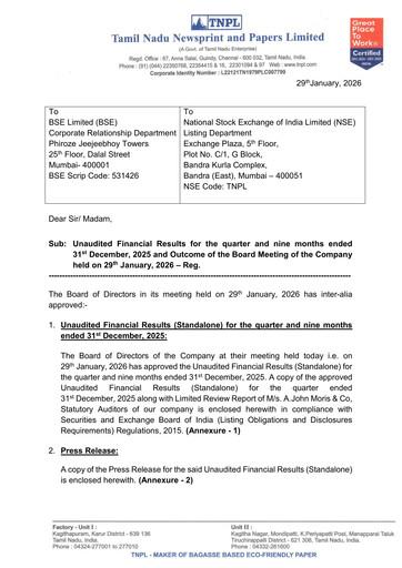 Thumbnail Tamil Nadu Newsprint and Papers Limited
 Quarterly Report 2025-q3