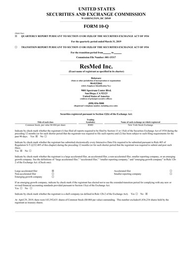 Thumbnail ResMed Quarterly Report 2019-q3