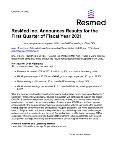Thumbnail ResMed Quarterly Report 2021-q1