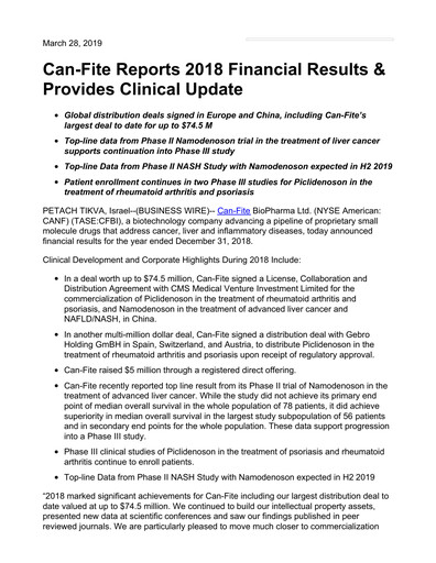 Thumbnail Can Fite Biopharma
 Financial Report 2018