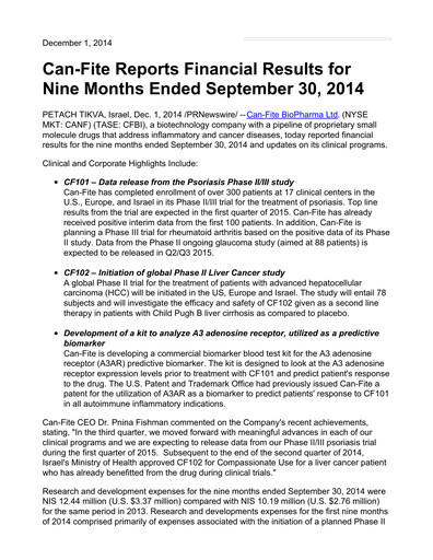 Thumbnail Can Fite Biopharma
 Financial Statement 2014-q3