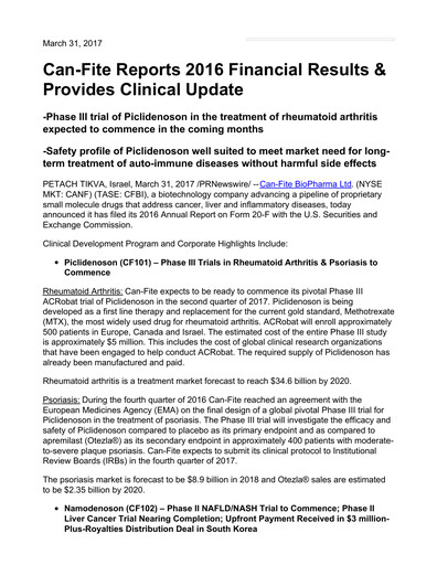 Thumbnail Can Fite Biopharma
 Financial Statement 2016