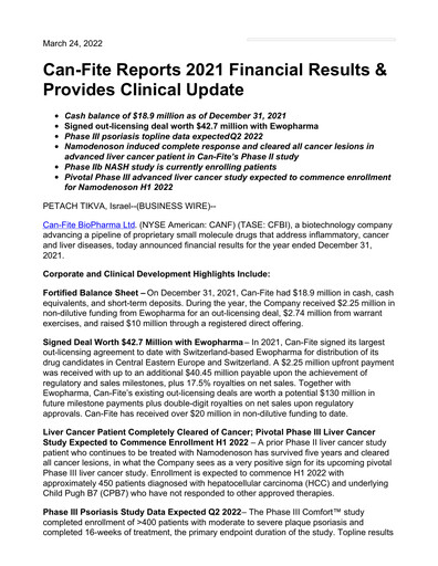 Thumbnail Can Fite Biopharma
 Financial Statement 2021