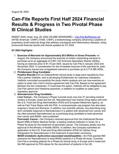 Miniature Can Fite Biopharma
 Rapport semestriel 2024-h1