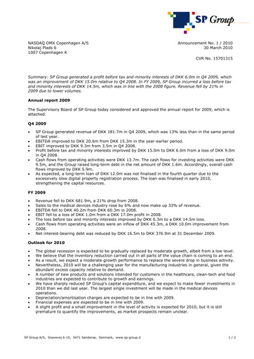 Miniature SP Group A/S Rapport annuel 2009