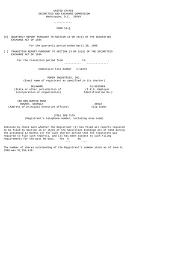 Thumbnail Roper Technologies Quarterly Report 1998-q2