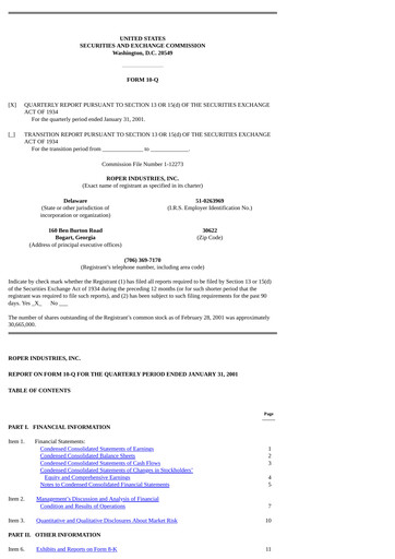 Thumbnail Roper Technologies Quarterly Report 2001-q1