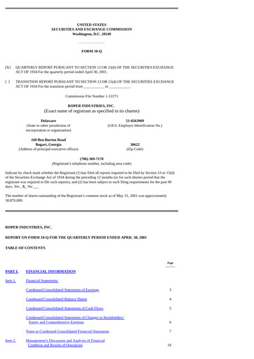Thumbnail Roper Technologies Quarterly Report 2001-q2