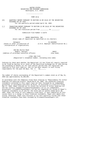 Thumbnail Roper Technologies Quarterly Report 2002-q2