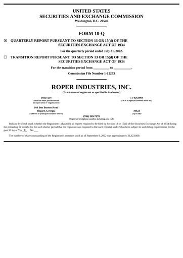 Thumbnail Roper Technologies Quarterly Report 2002-q3