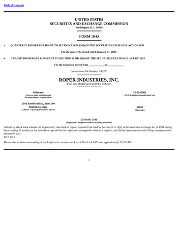 Thumbnail Roper Technologies Quarterly Report 2003-q1