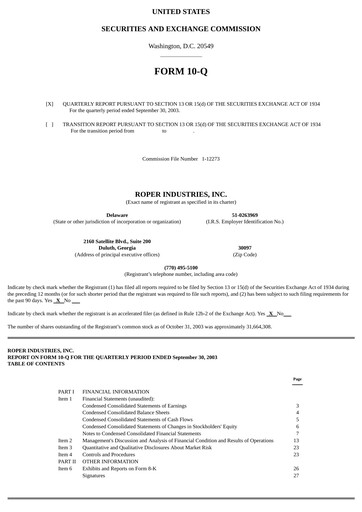 Thumbnail Roper Technologies Quarterly Report 2003-q3