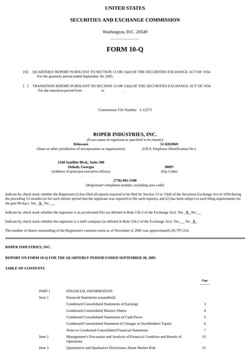 Thumbnail Roper Technologies Quarterly Report 2005-q3