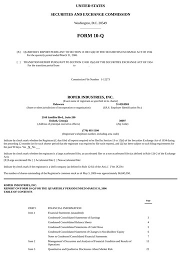 Thumbnail Roper Technologies Quarterly Report 2006-q1
