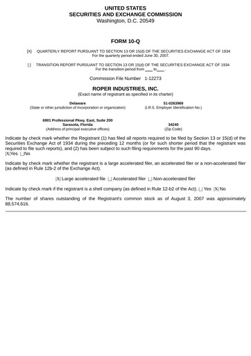 Thumbnail Roper Technologies Quarterly Report 2007-q2