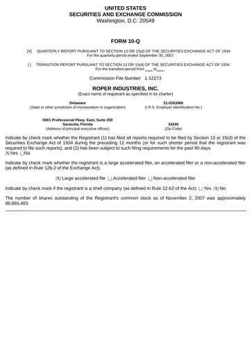 Thumbnail Roper Technologies Quarterly Report 2007-q3