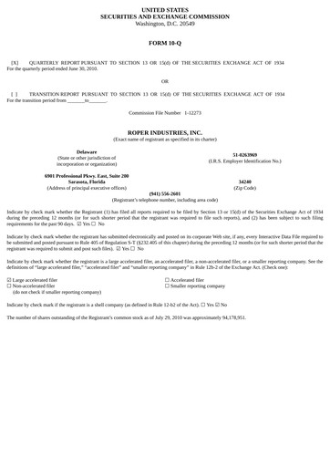 Thumbnail Roper Technologies Quarterly Report 2010-q2