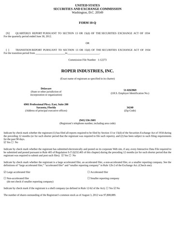 Thumbnail Roper Technologies Quarterly Report 2012-q2