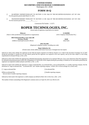 Thumbnail Roper Technologies Quarterly Report 2015-q1