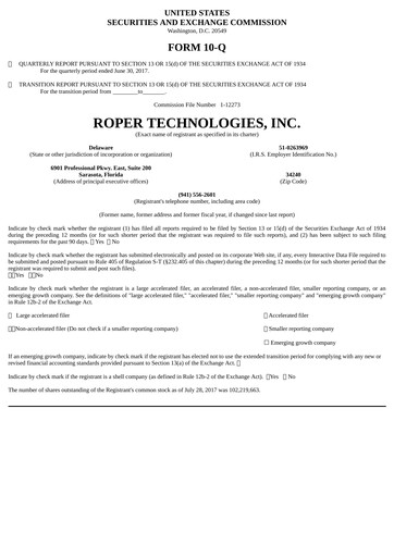 Thumbnail Roper Technologies Quarterly Report 2017-q2