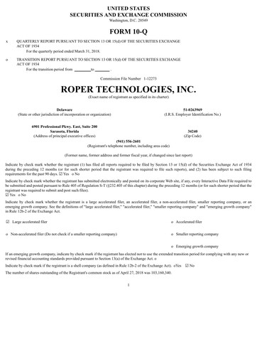 Thumbnail Roper Technologies Quarterly Report 2018-q1