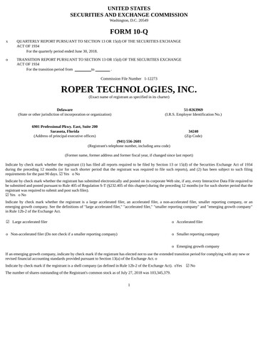 Thumbnail Roper Technologies Quarterly Report 2018-q2
