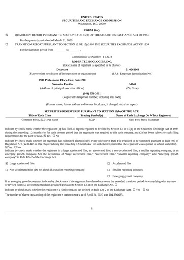 Thumbnail Roper Technologies Quarterly Report 2020-q1