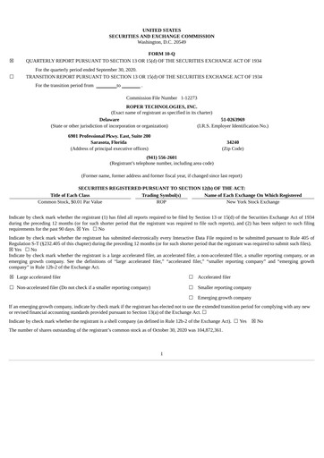 Thumbnail Roper Technologies Quarterly Report 2020-q3